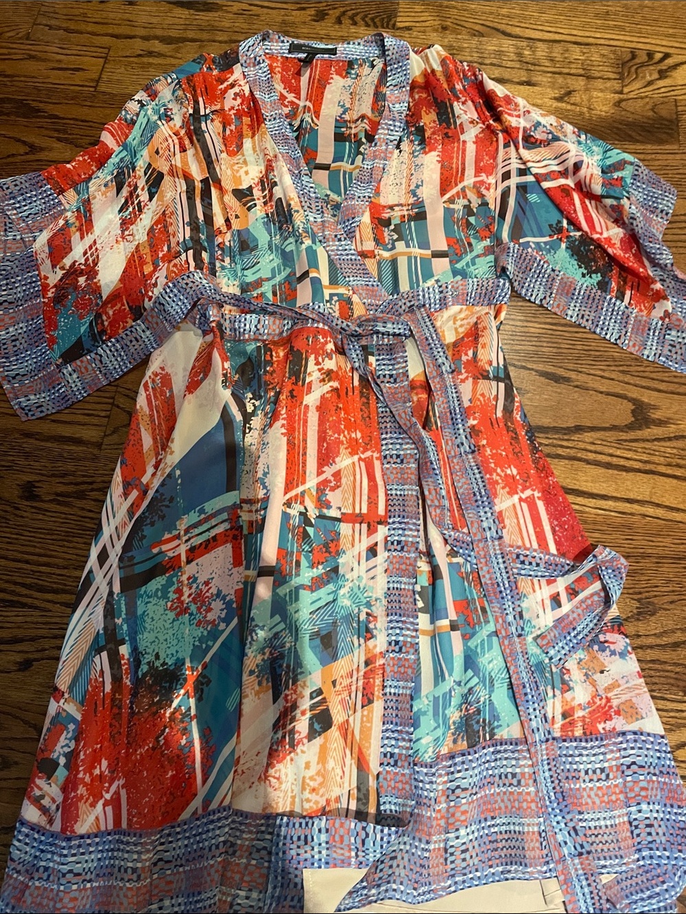 BCBGMaxAzria Red, Teal, Blue & Cream Midi Wrap Dress - 100% silk - Picture 8 of 10